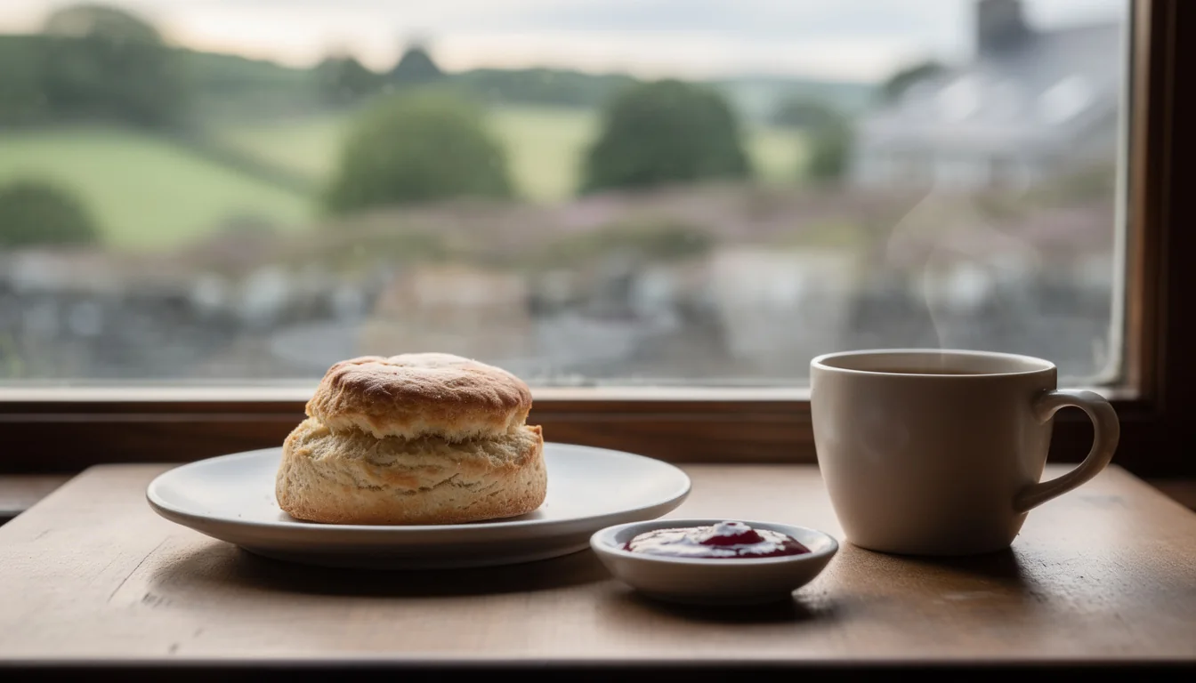 A scone and coffee cup on a window table